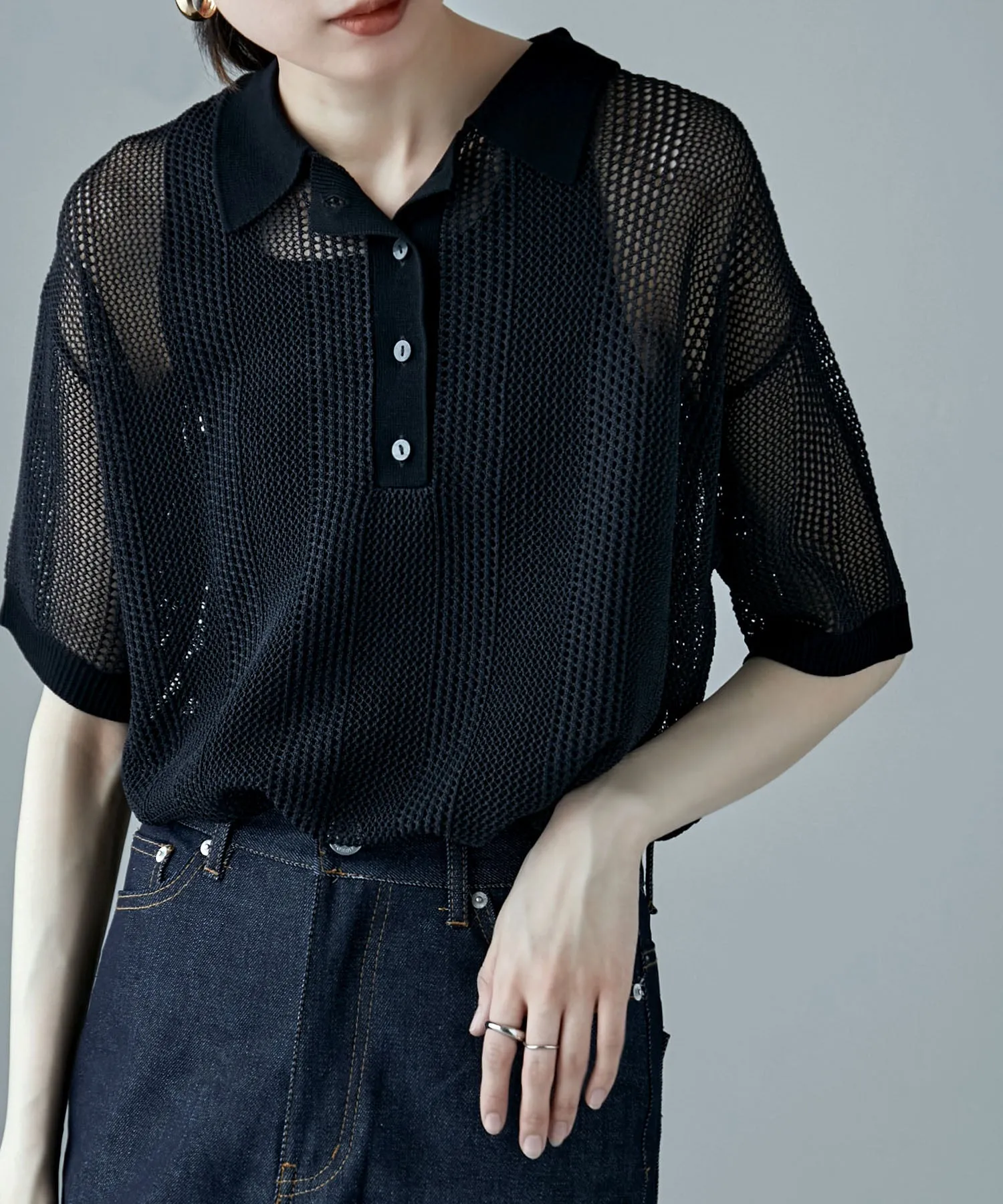 Mesh knit polo pullover