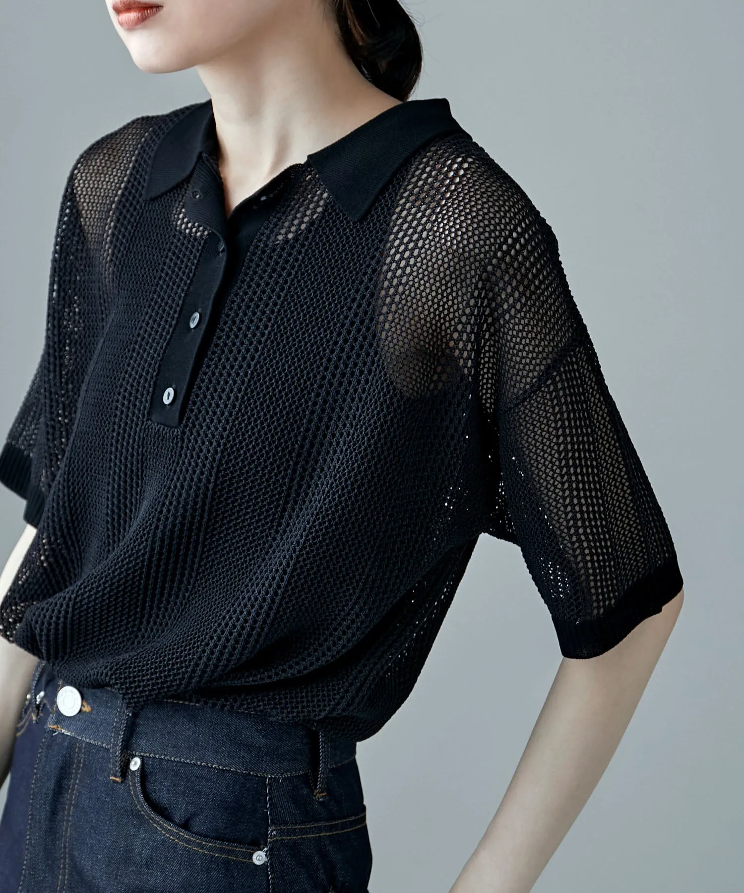 Mesh knit polo pullover