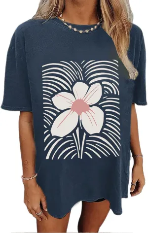 Oversized Tshirts for Women Flower Graphic Tees Cute Casual Crewneck Printed Shirts Funny Short Sleeve Tops