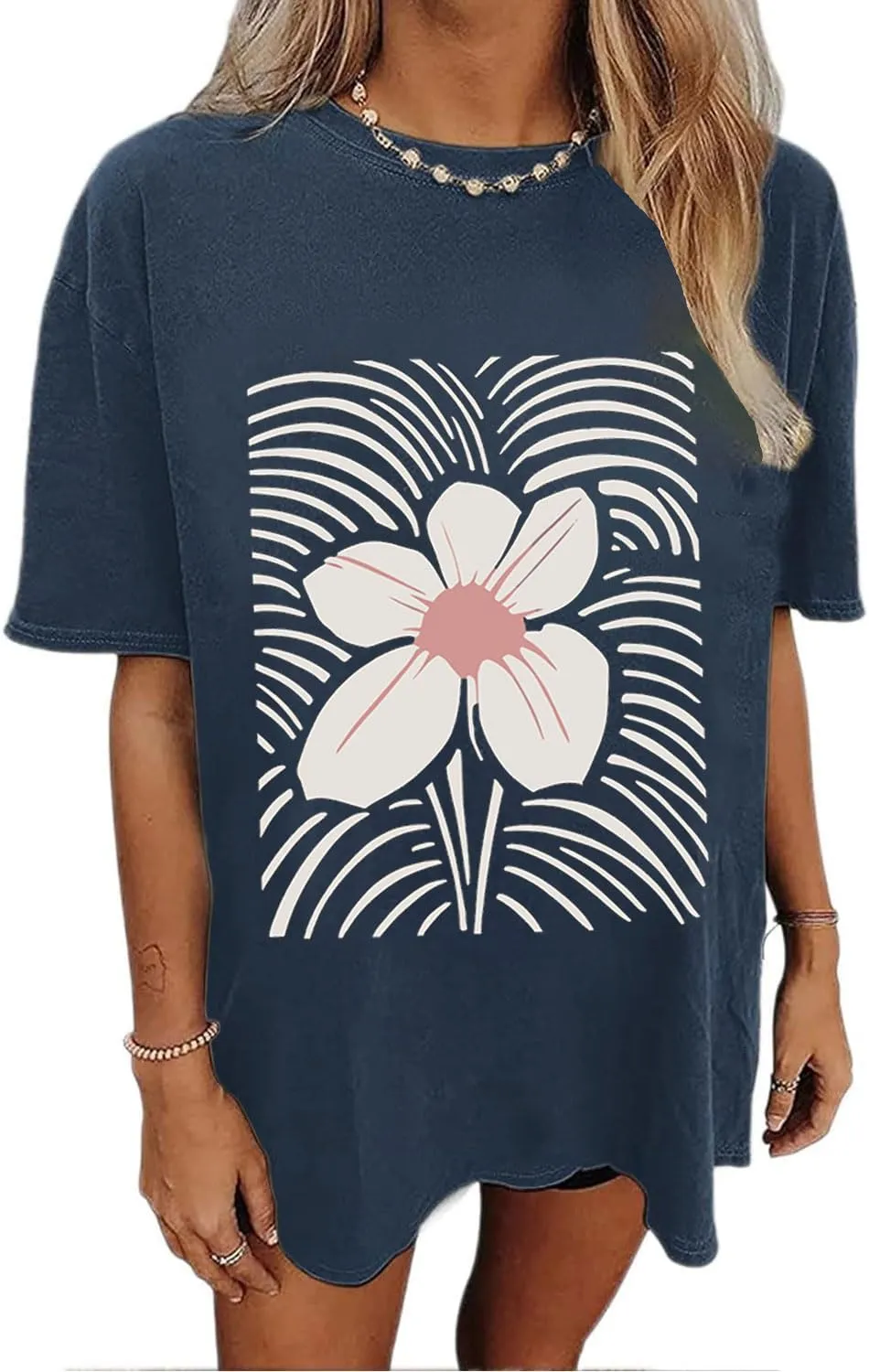 Oversized Tshirts for Women Flower Graphic Tees Cute Casual Crewneck Printed Shirts Funny Short Sleeve Tops