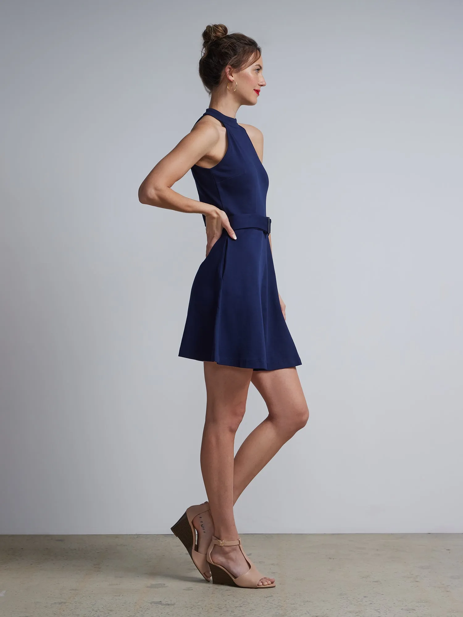 Petite Belted Halter Flare Dress - City Knits