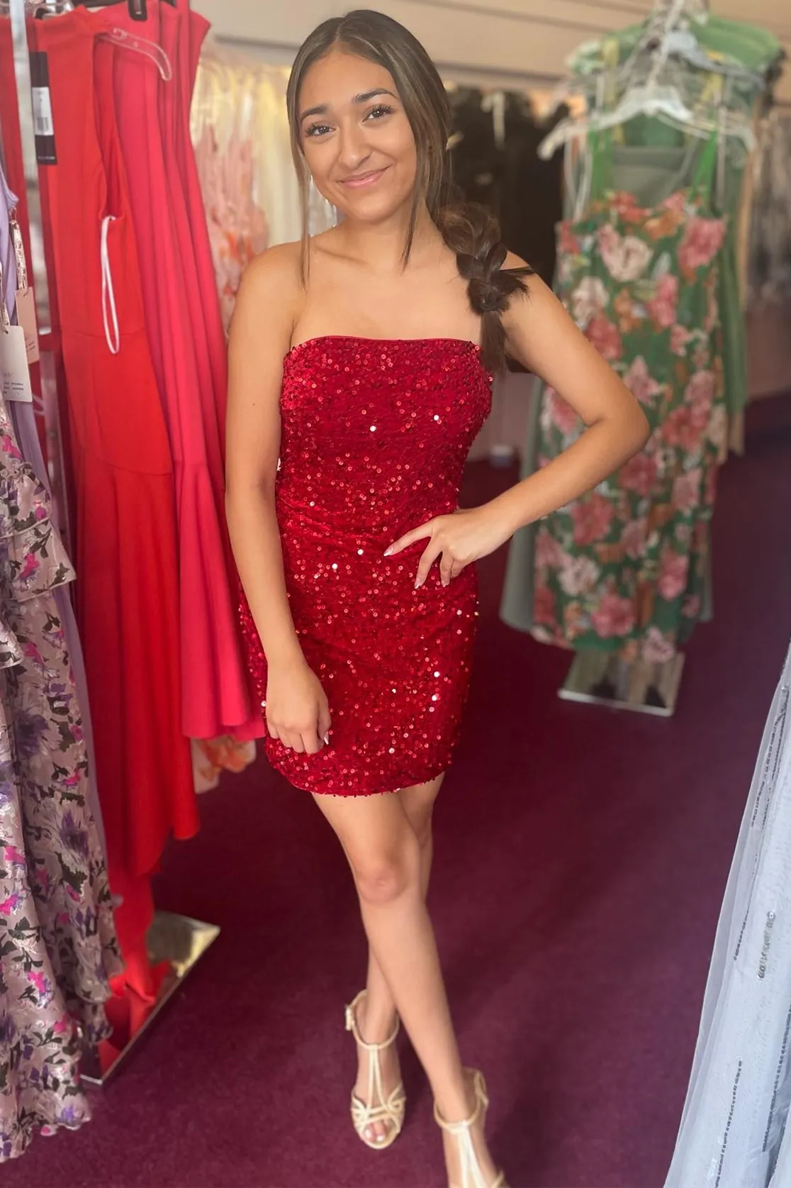 Pink Sequin Strapless Fitted Short Homecoming Dress