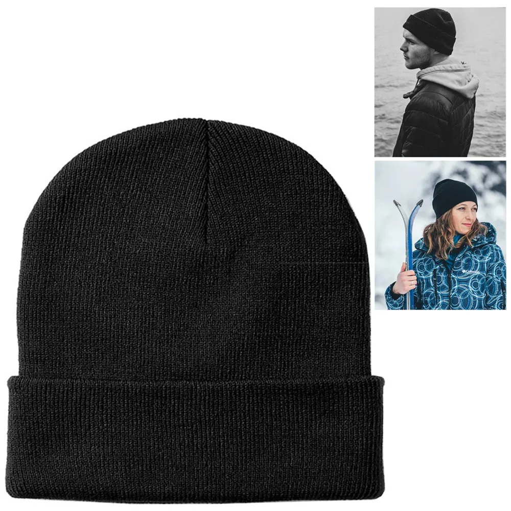 Plain Beanie Winter Hat Ski Cap Skull Warm Winter Cuff Cold Weather Solid  Black