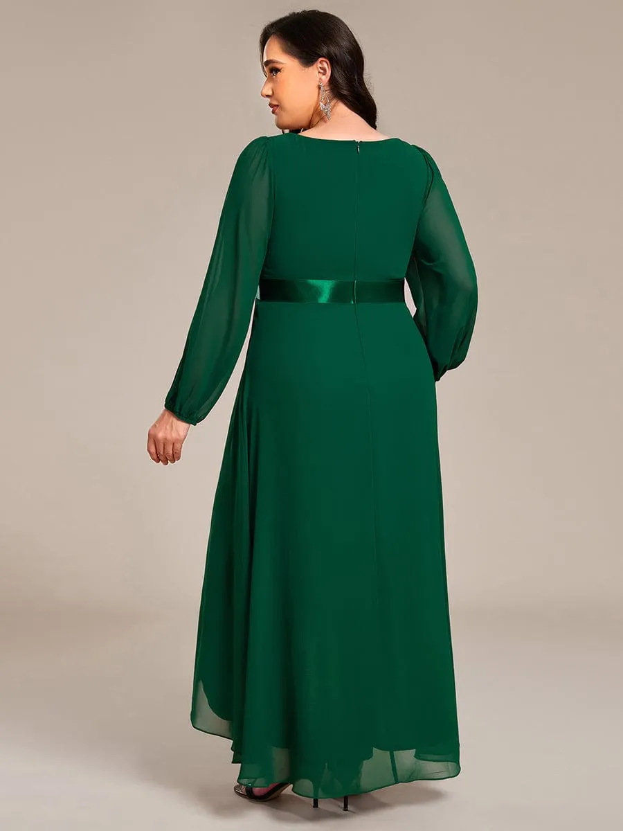 Plus Size A-Line Long Sleeve Chiffon Pleated Formal Dress