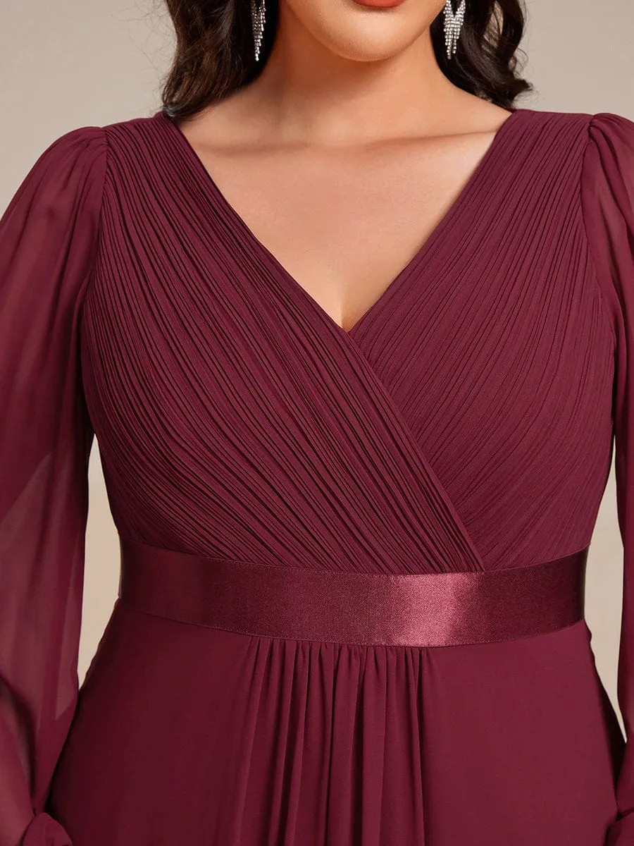 Plus Size A-Line Long Sleeve Chiffon Pleated Formal Dress