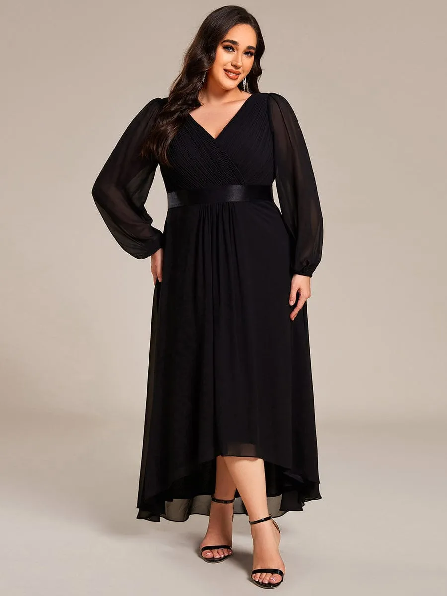 Plus Size A-Line Long Sleeve Chiffon Pleated Formal Dress