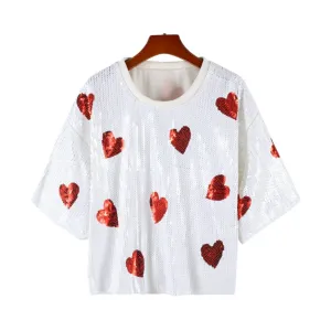 Pre Order:  White Hearts Sequined Round Neck Top