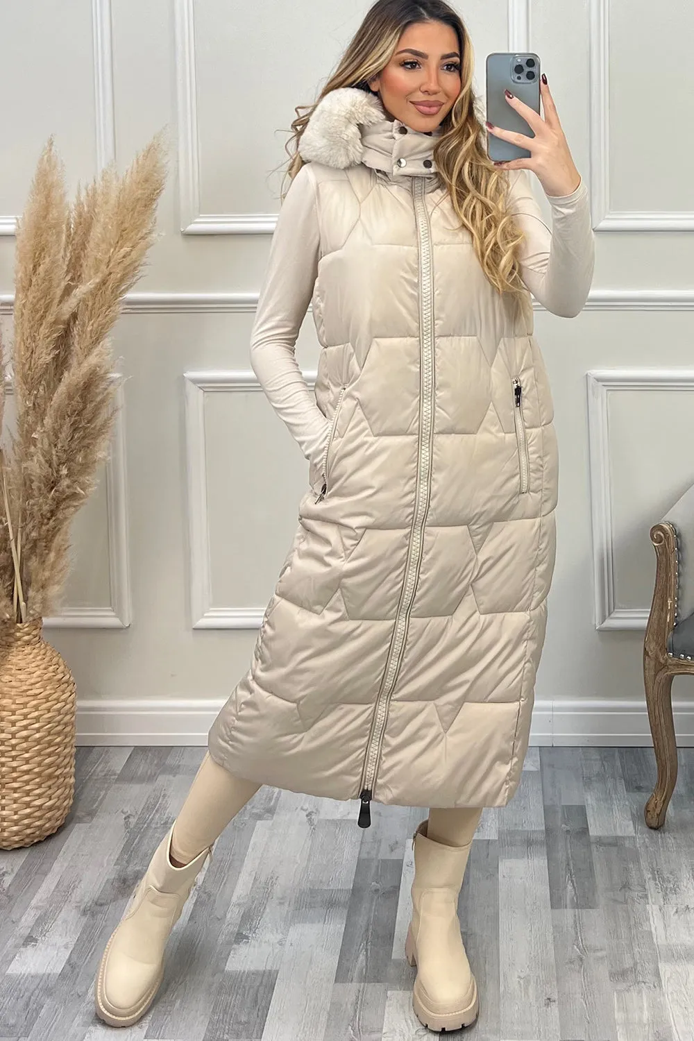Scarlett Beige Faux Fur Trim Hooded Padded Longline Gilet