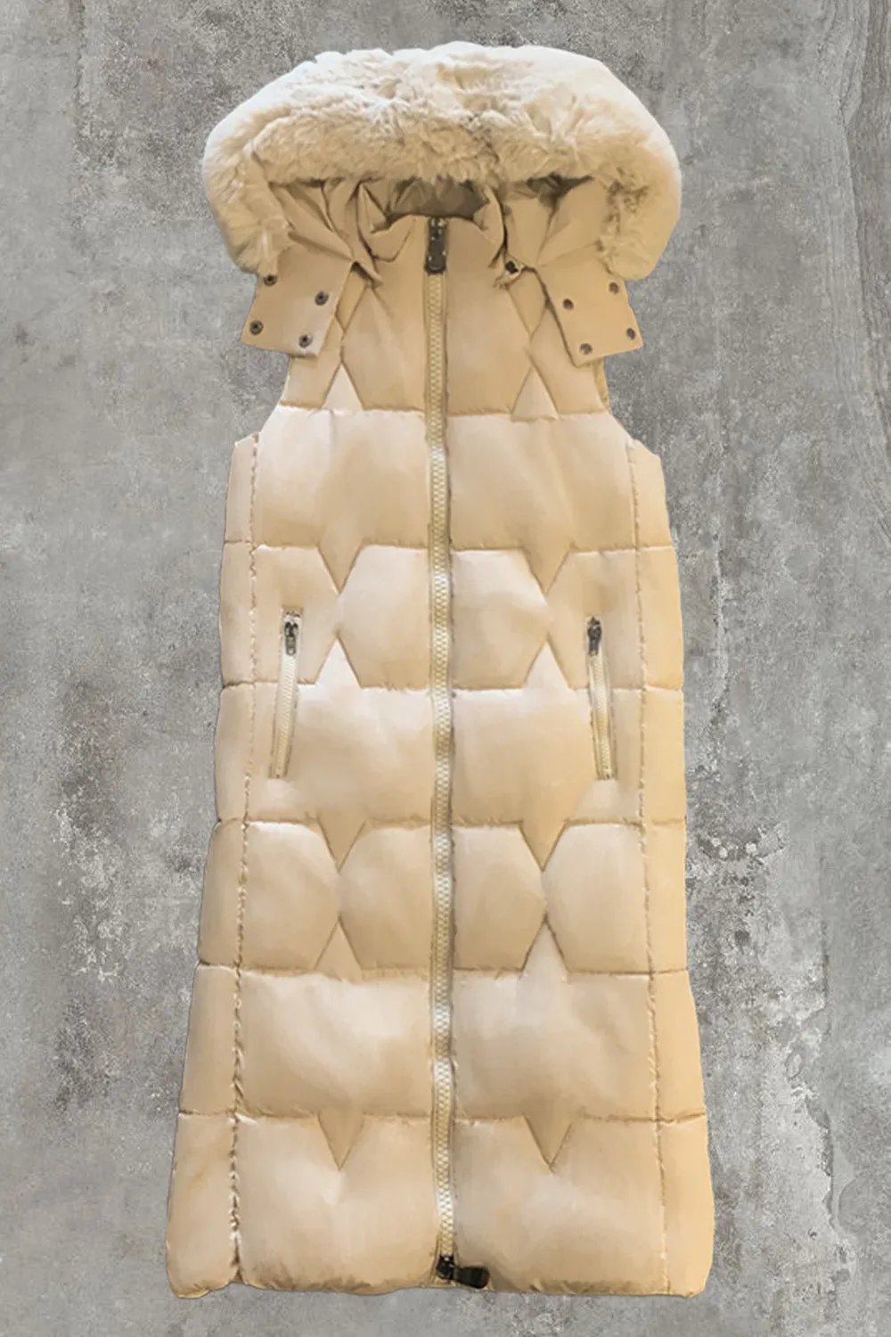 Scarlett Beige Faux Fur Trim Hooded Padded Longline Gilet