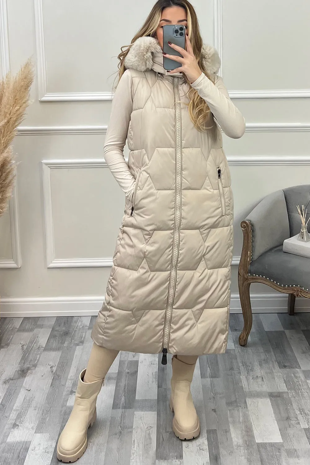 Scarlett Beige Faux Fur Trim Hooded Padded Longline Gilet