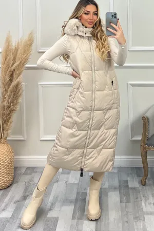 Scarlett Beige Faux Fur Trim Hooded Padded Longline Gilet
