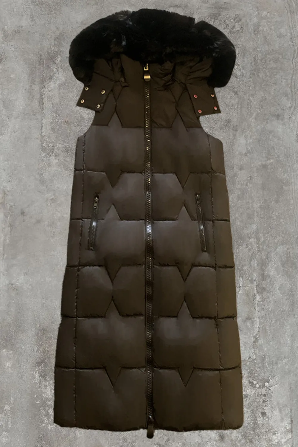 Scarlett Black Faux Fur Trim Hooded Padded Longline Gilet