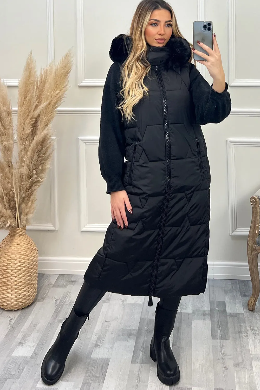 Scarlett Black Faux Fur Trim Hooded Padded Longline Gilet