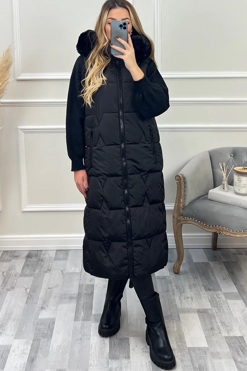 Scarlett Black Faux Fur Trim Hooded Padded Longline Gilet