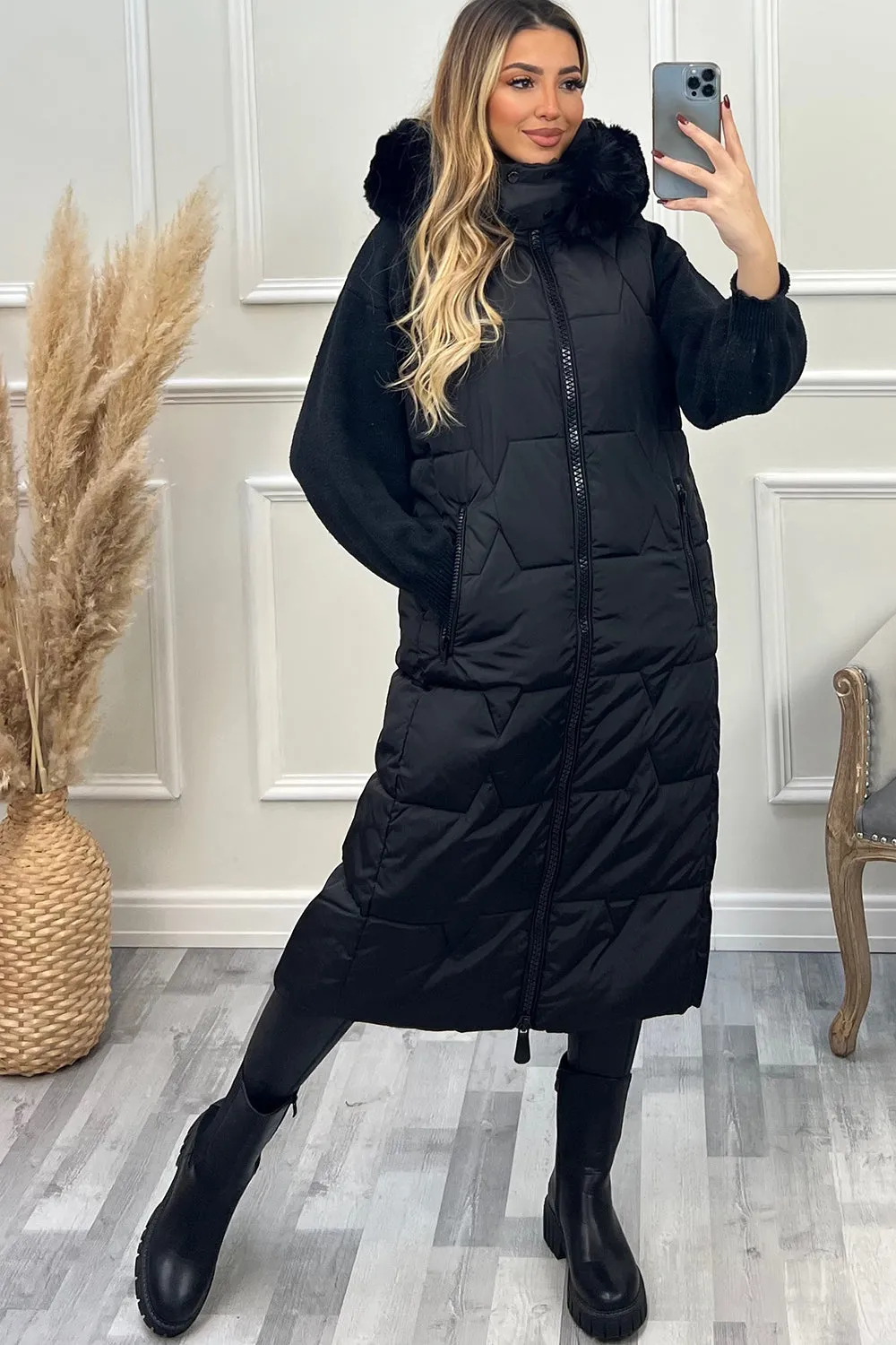 Scarlett Black Faux Fur Trim Hooded Padded Longline Gilet