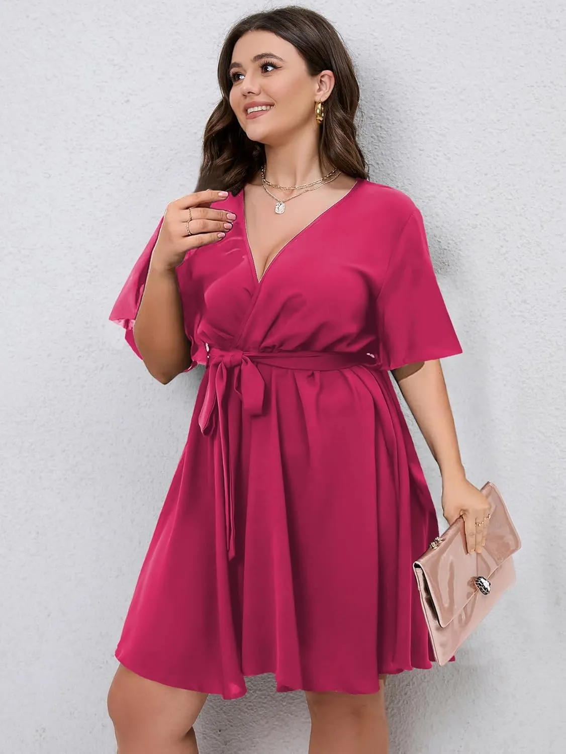 SCOMCHIC Women's Plus Size Summer Dresses Short Sleeve Wrap V Neck A Line Skater Mini Short Dress XL-4XL