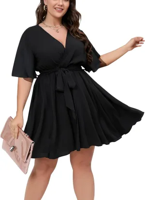 SCOMCHIC Women's Plus Size Summer Dresses Short Sleeve Wrap V Neck A Line Skater Mini Short Dress XL-4XL