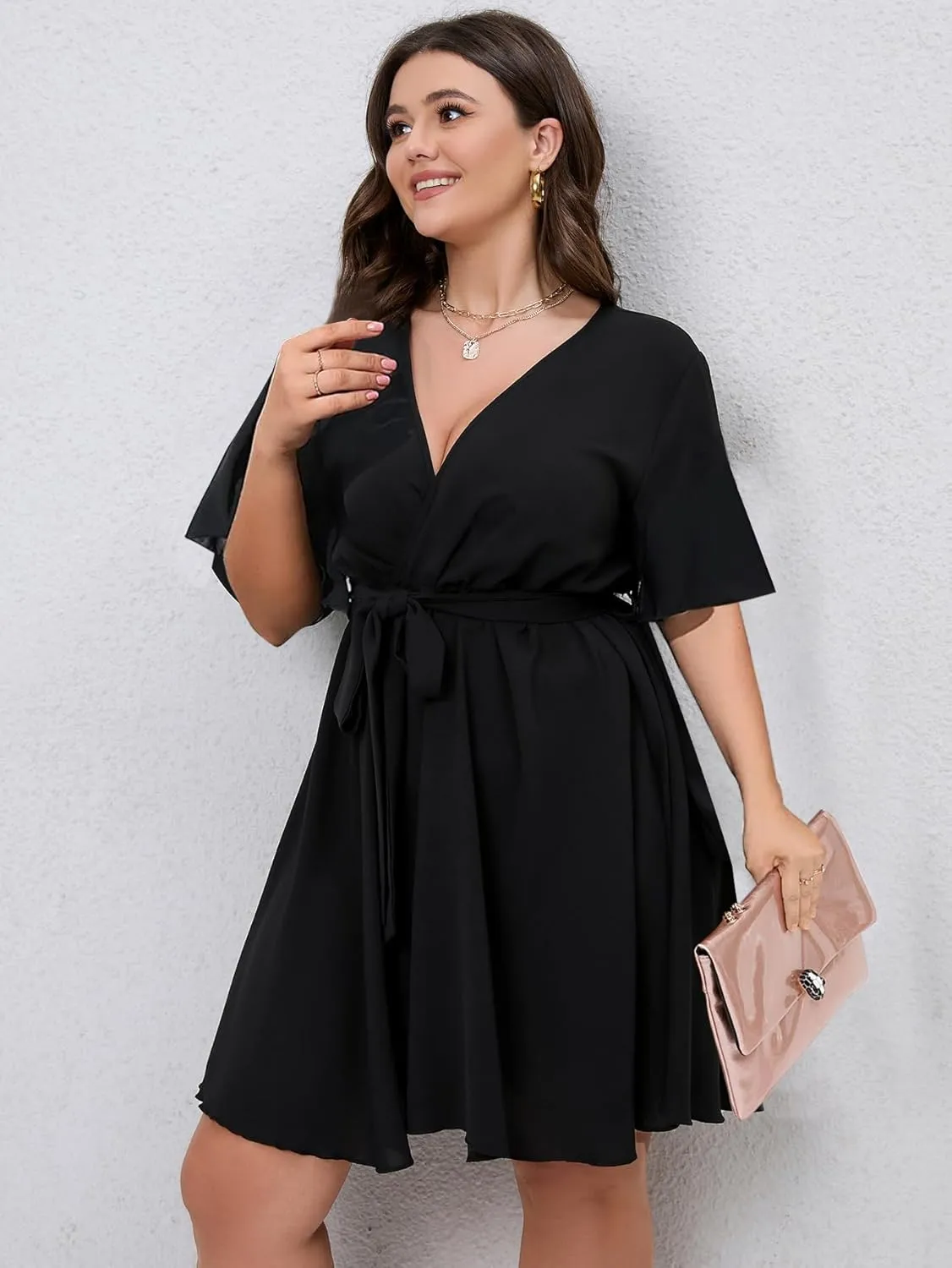 SCOMCHIC Women's Plus Size Summer Dresses Short Sleeve Wrap V Neck A Line Skater Mini Short Dress XL-4XL
