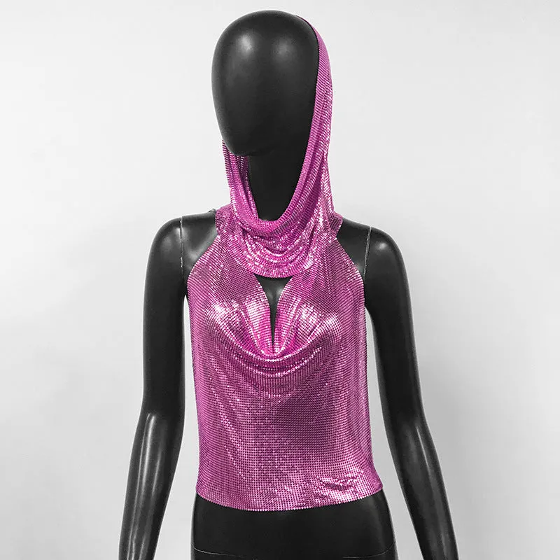 Sequin Sling Headscarf Sweet Spicy Sequined Crop Halter Top