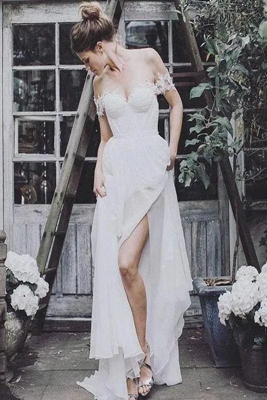 Simple Cheap Flowy Appliques Beach Wedding Dress