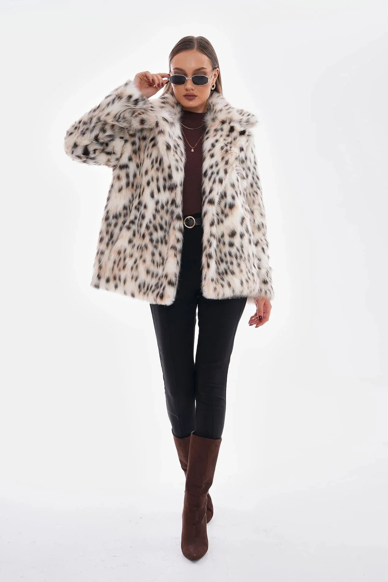 Snow Leopard Faux Fur Coat  Camel