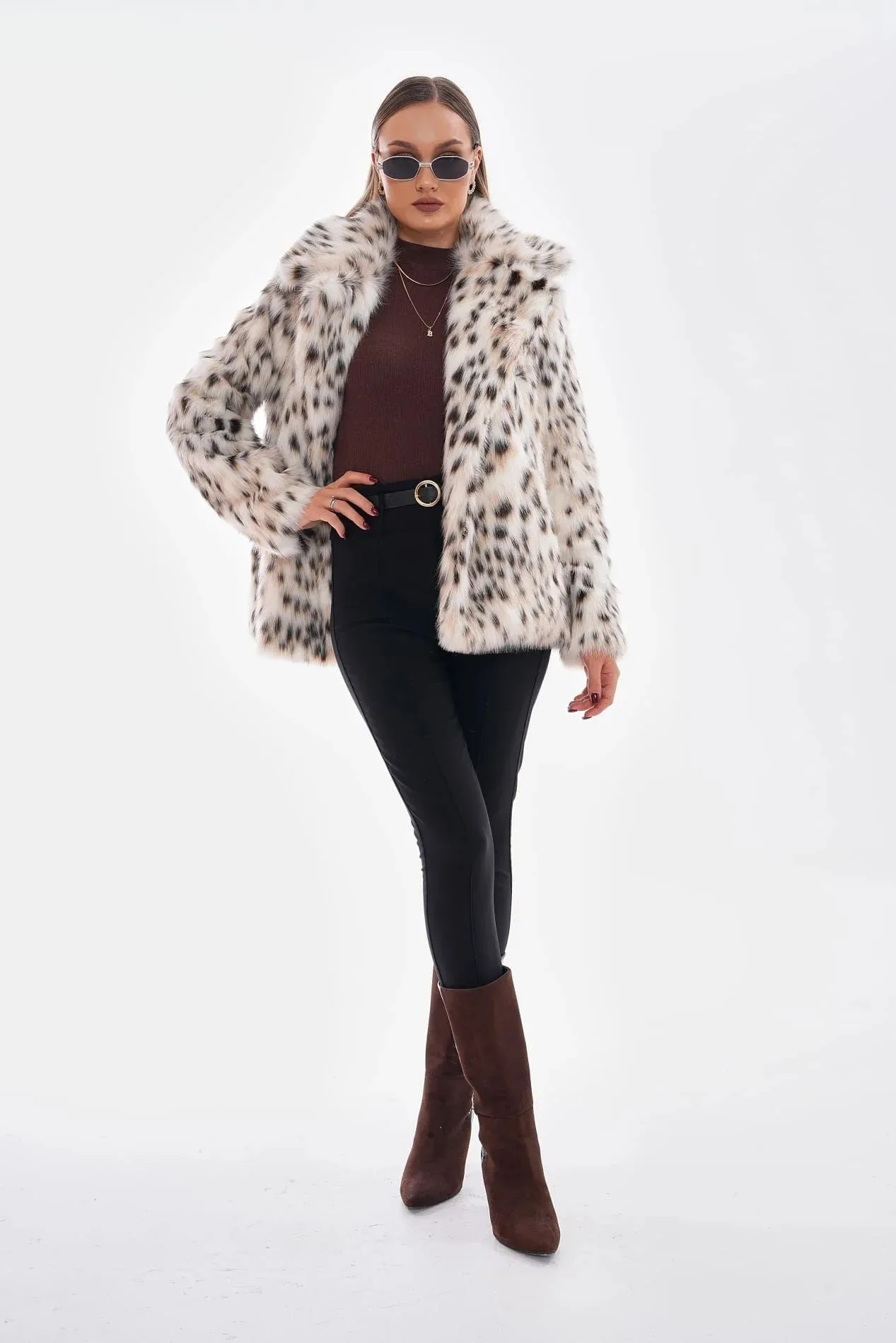 Snow Leopard Faux Fur Coat  Camel