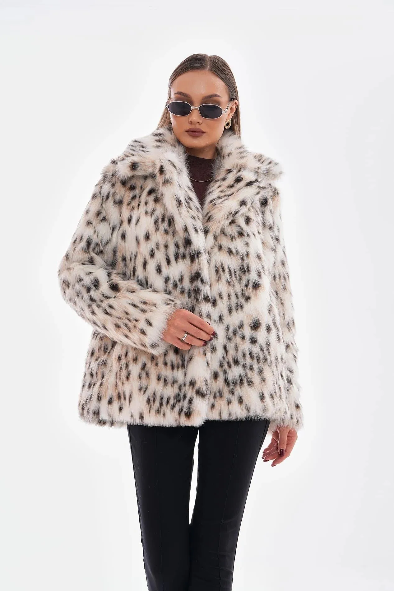 Snow Leopard Faux Fur Coat  Camel