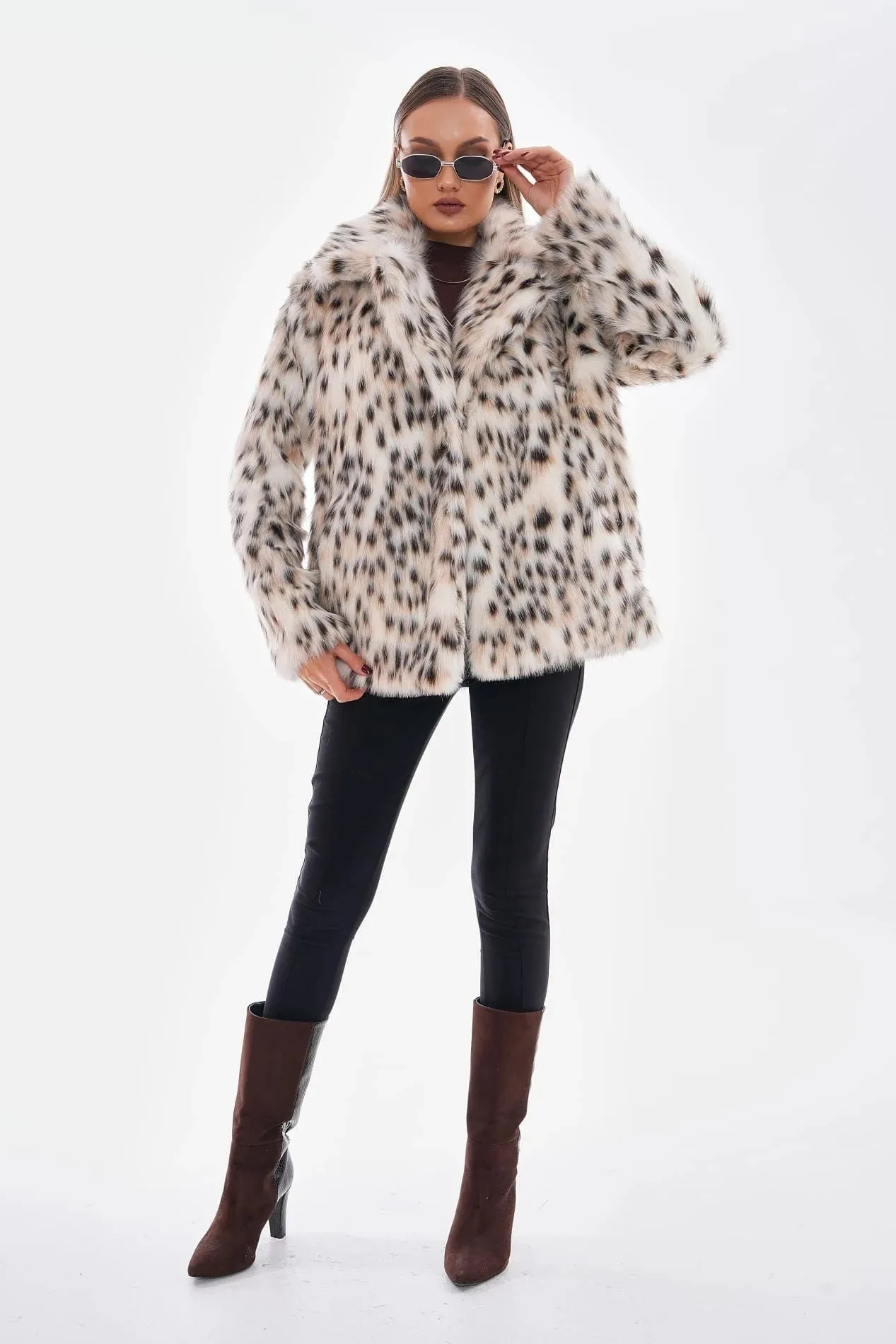 Snow Leopard Faux Fur Coat  Camel