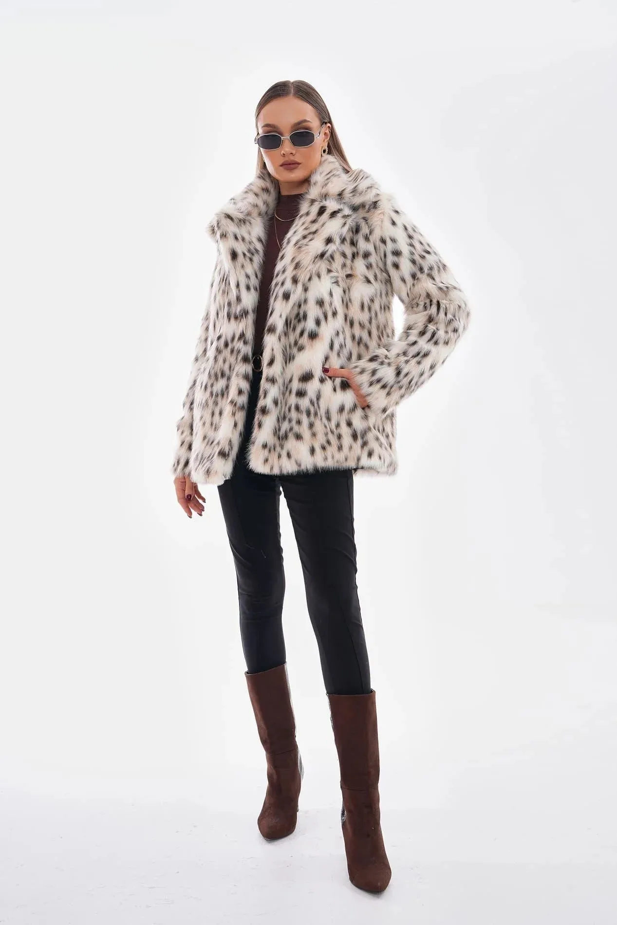 Snow Leopard Faux Fur Coat  Camel