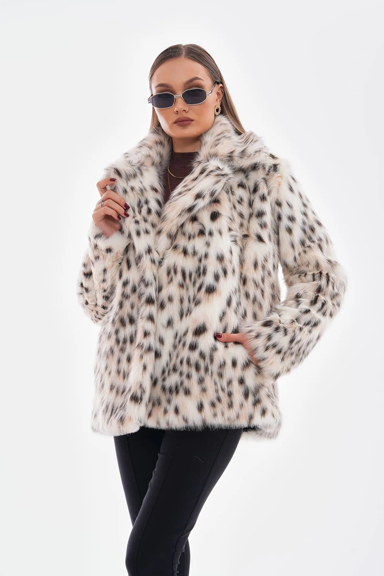 Snow Leopard Faux Fur Coat  Camel