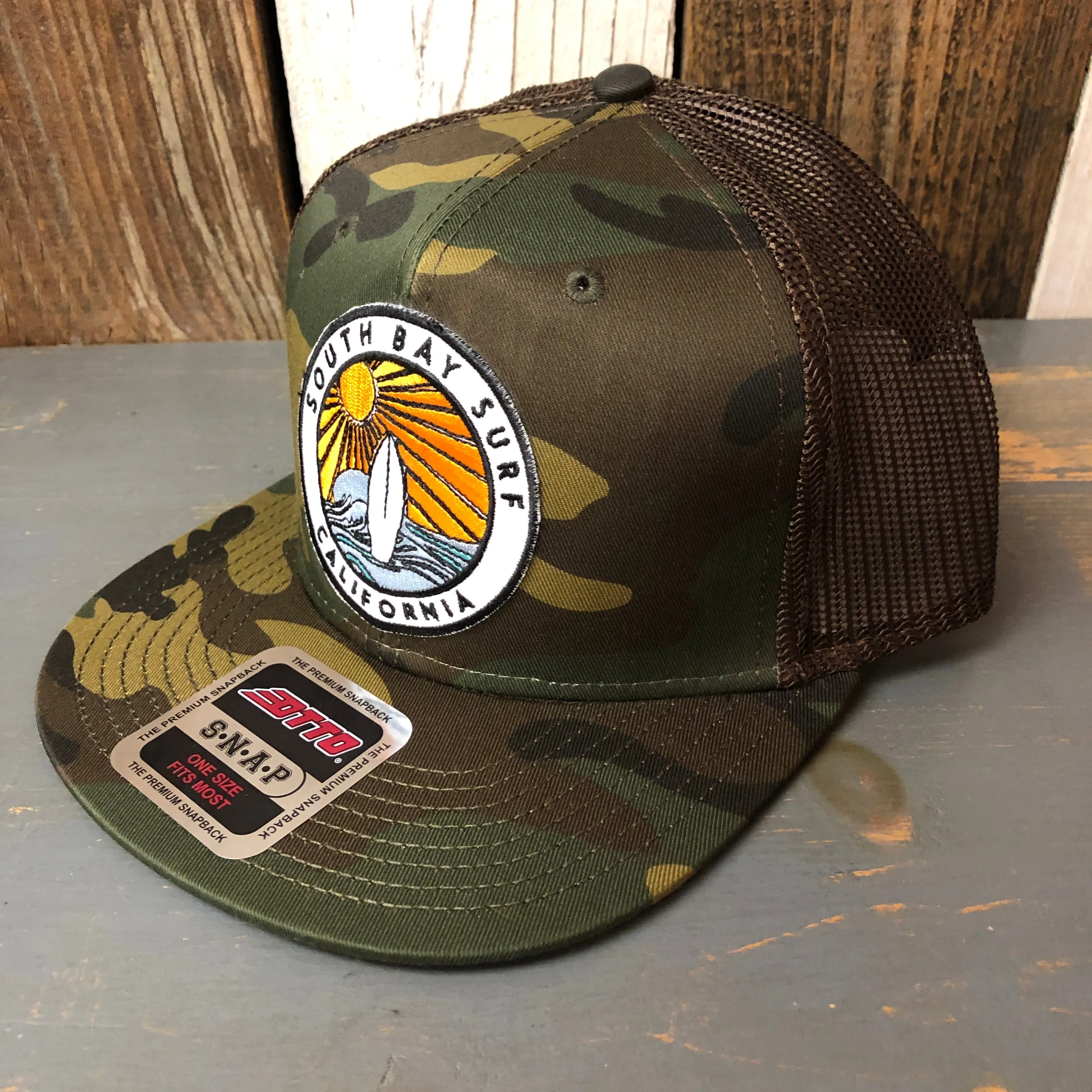 SOUTH BAY SURF (Multi Colored Patch) Camouflage 6 Panel Mid Profile Mesh Back Snapback Trucker Hat - Dark Green/Brown/Dark Brown