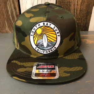 SOUTH BAY SURF (Multi Colored Patch) Camouflage 6 Panel Mid Profile Mesh Back Snapback Trucker Hat - Dark Green/Brown/Dark Brown
