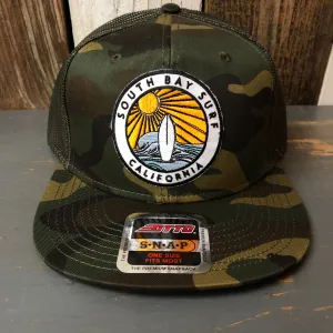 SOUTH BAY SURF (Multi Colored Patch) Camouflage 6 Panel Mid Profile Mesh Back Snapback Trucker Hat - Dark Green/Brown/Dark Olive Green