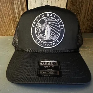 SOUTH BAY SURF (Navy Patch) 5 Panel Mid Profile Mesh Back Trucker Hat - Black