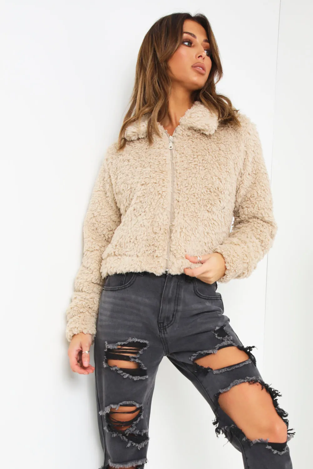 Stone Teddy Faux Fur Zip Up Jacket
