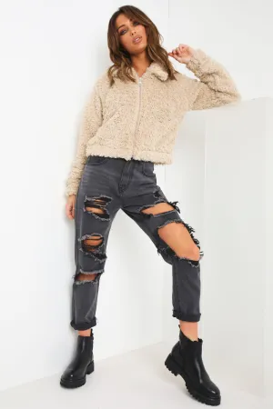 Stone Teddy Faux Fur Zip Up Jacket