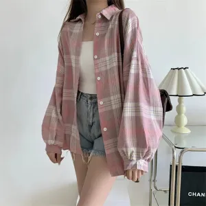 Toleet-Women Tartan Shirt Long Sleeve Collared Button Up Oversized Plaid Shirt Jacket Grunge Fashion Outfit