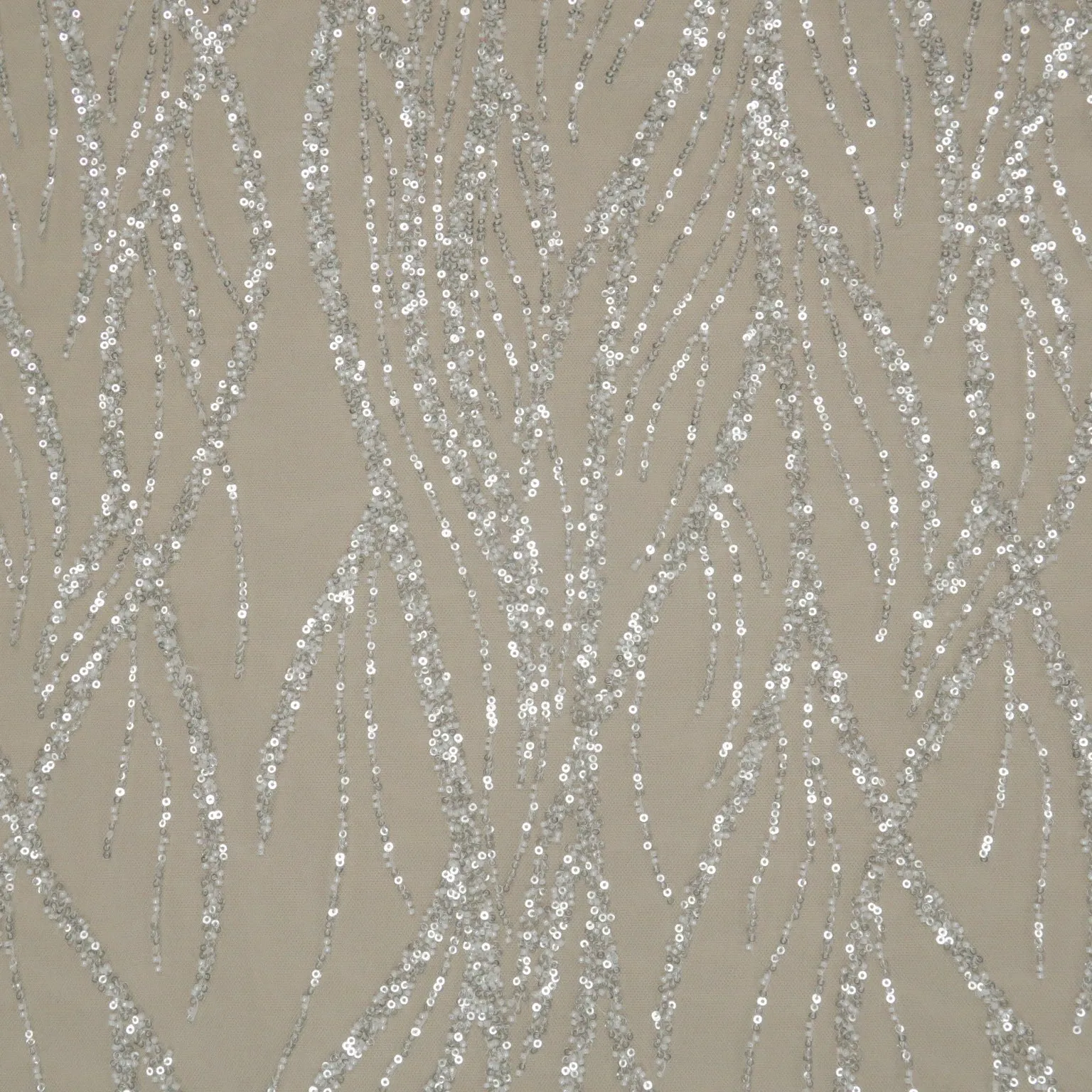 White Sequined and Beaded Abstract Tulle Fabric