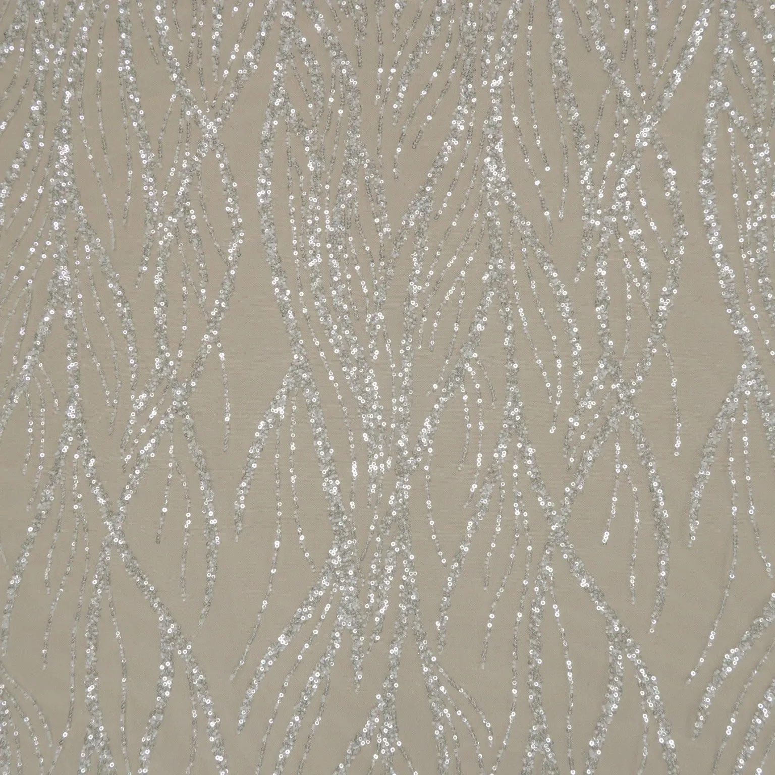White Sequined and Beaded Abstract Tulle Fabric