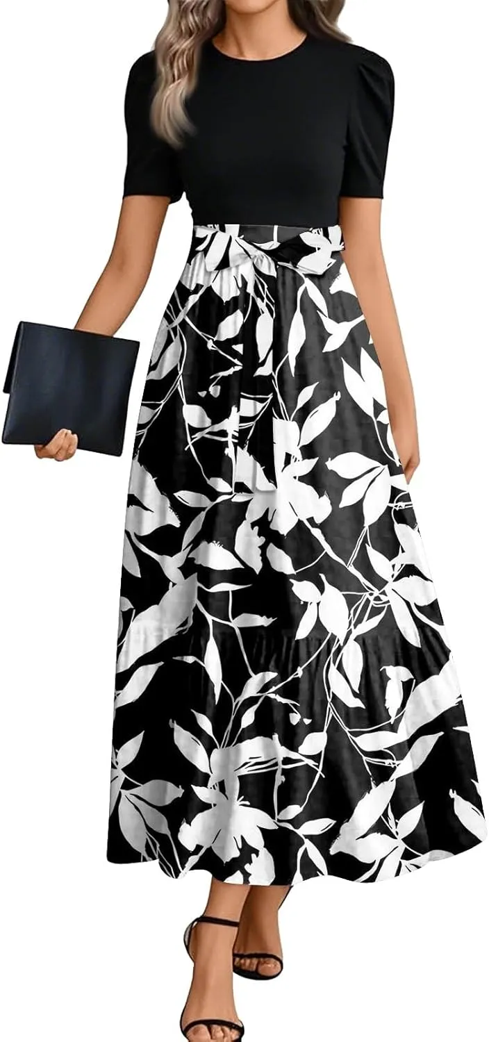 Women 2025 Summer Casual Round Neck Short Sleeve Long Tiered Floral Maxi Flowy Beach Dress