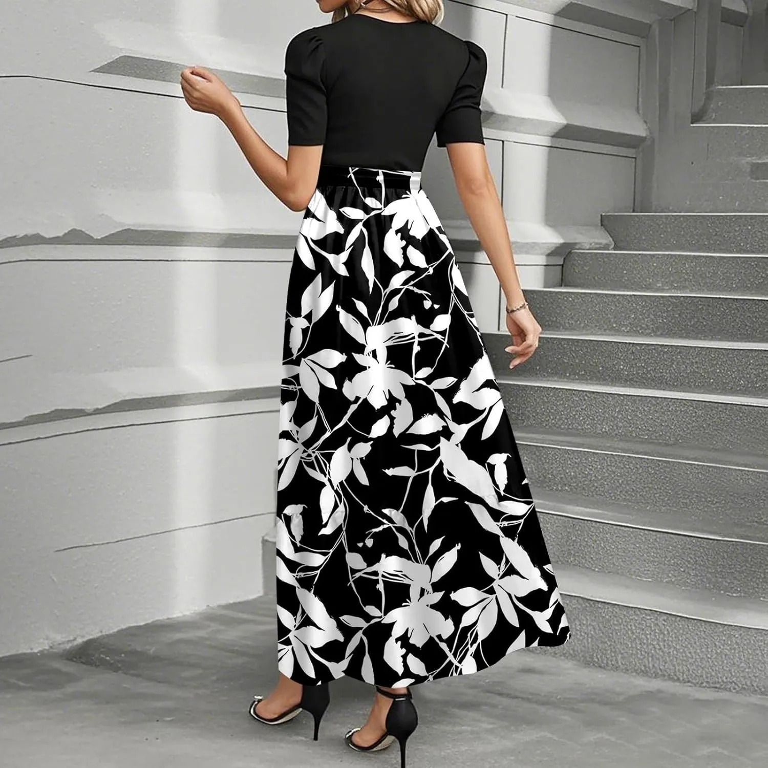 Women 2025 Summer Casual Round Neck Short Sleeve Long Tiered Floral Maxi Flowy Beach Dress