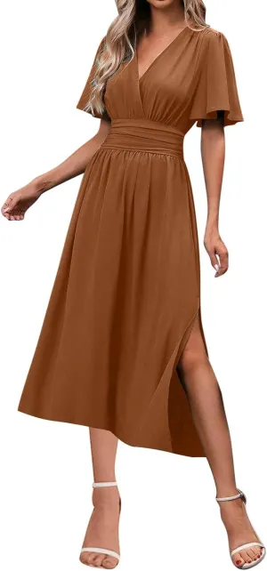 Women Wrap V Neck Ruffle Short Sleeve Midi Dress Smocked Empire Waist Summer Casual Elegant Split A-Line Beach Dresses