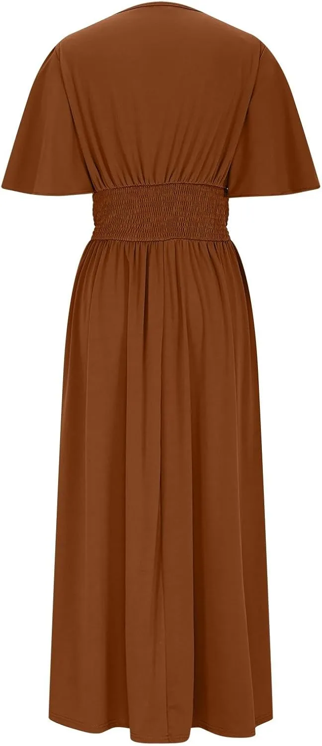 Women Wrap V Neck Ruffle Short Sleeve Midi Dress Smocked Empire Waist Summer Casual Elegant Split A-Line Beach Dresses