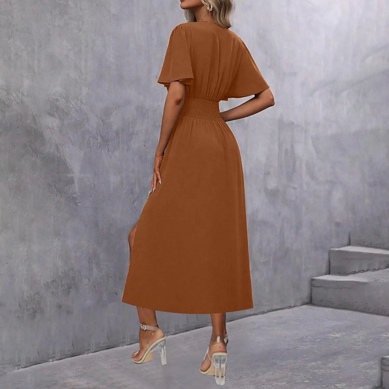 Women Wrap V Neck Ruffle Short Sleeve Midi Dress Smocked Empire Waist Summer Casual Elegant Split A-Line Beach Dresses