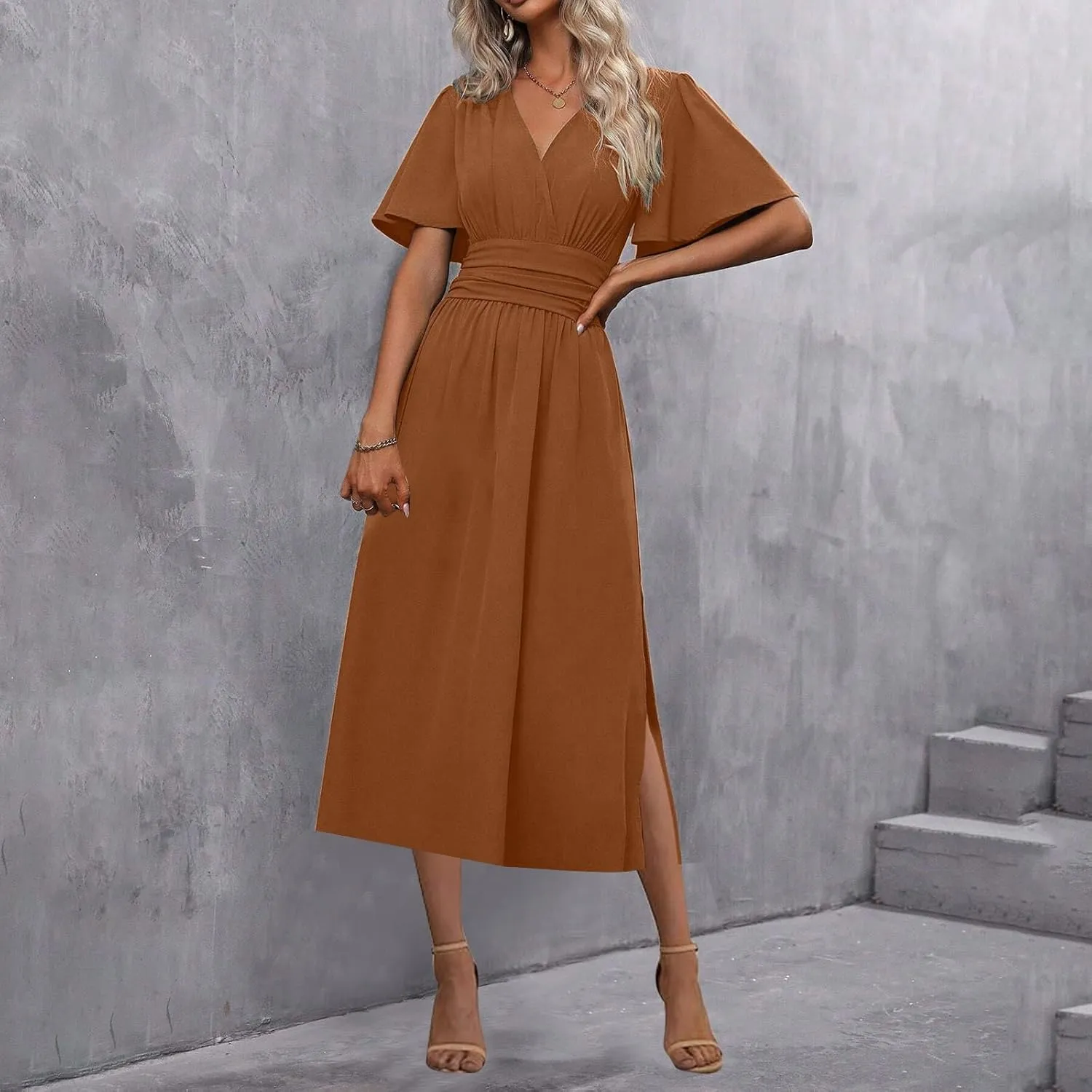 Women Wrap V Neck Ruffle Short Sleeve Midi Dress Smocked Empire Waist Summer Casual Elegant Split A-Line Beach Dresses