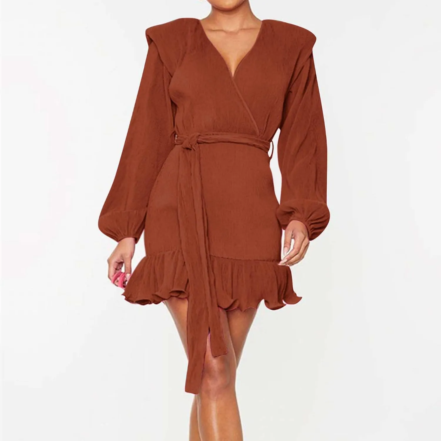 Women's Fall Winter Casual Long Sleeve V Neck Dress Waist Tie Ruffle Hem Trendy Elegant Solid Color Mini Swing Dresses
