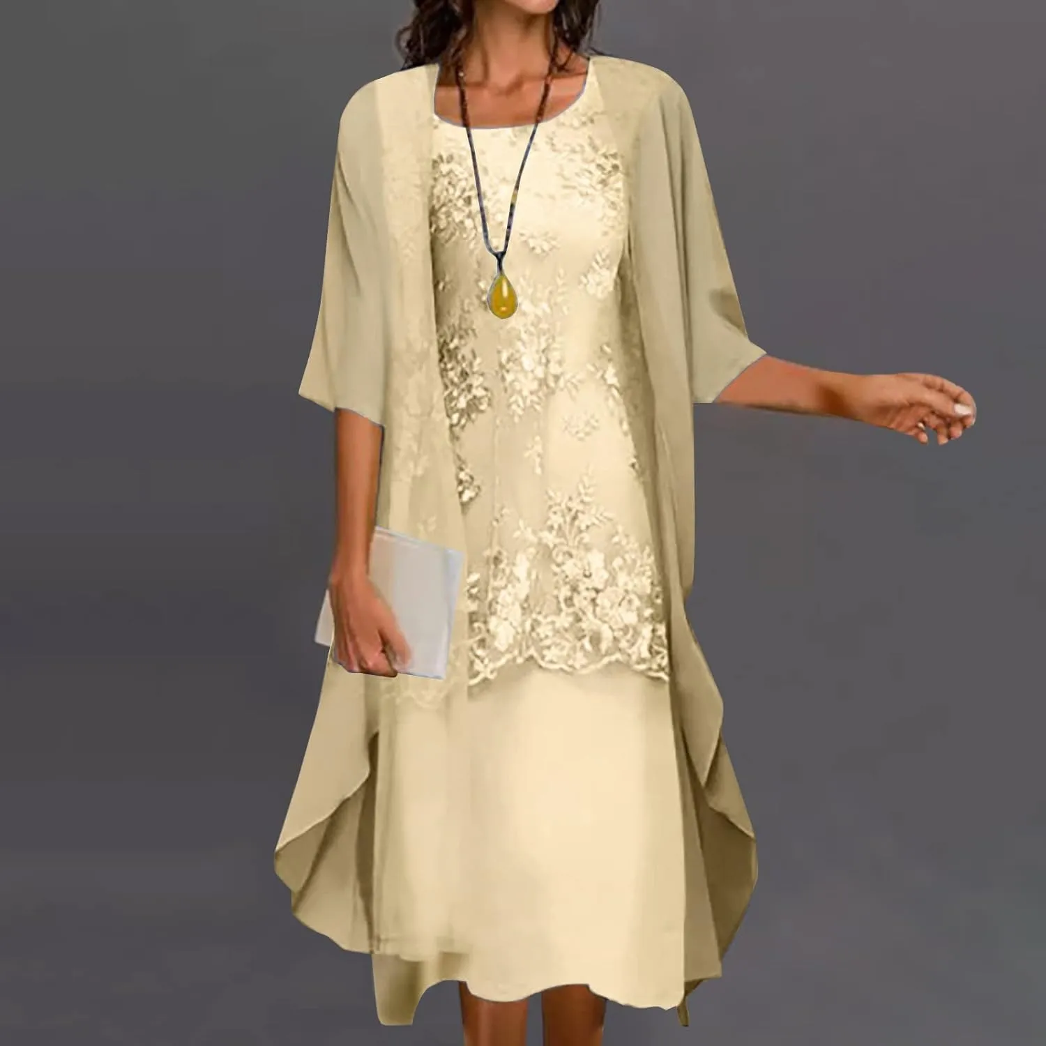 Womens Flowy Floral Dresses with Jacket 2 Piece Set 3/4 Sleeve Sheer Chiffon Summer Cocktail Wedding Guest Dress