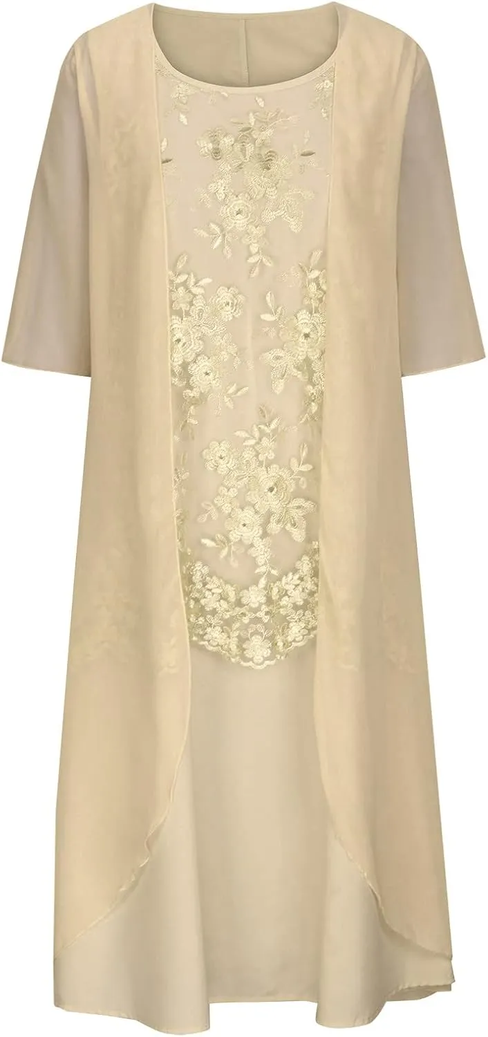 Womens Flowy Floral Dresses with Jacket 2 Piece Set 3/4 Sleeve Sheer Chiffon Summer Cocktail Wedding Guest Dress
