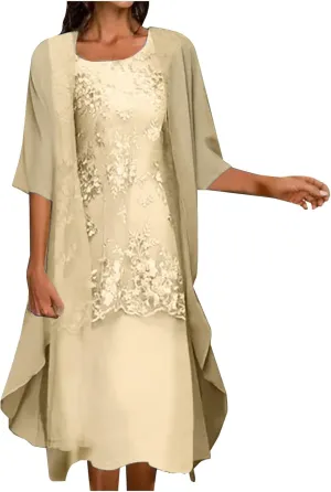 Womens Flowy Floral Dresses with Jacket 2 Piece Set 3/4 Sleeve Sheer Chiffon Summer Cocktail Wedding Guest Dress