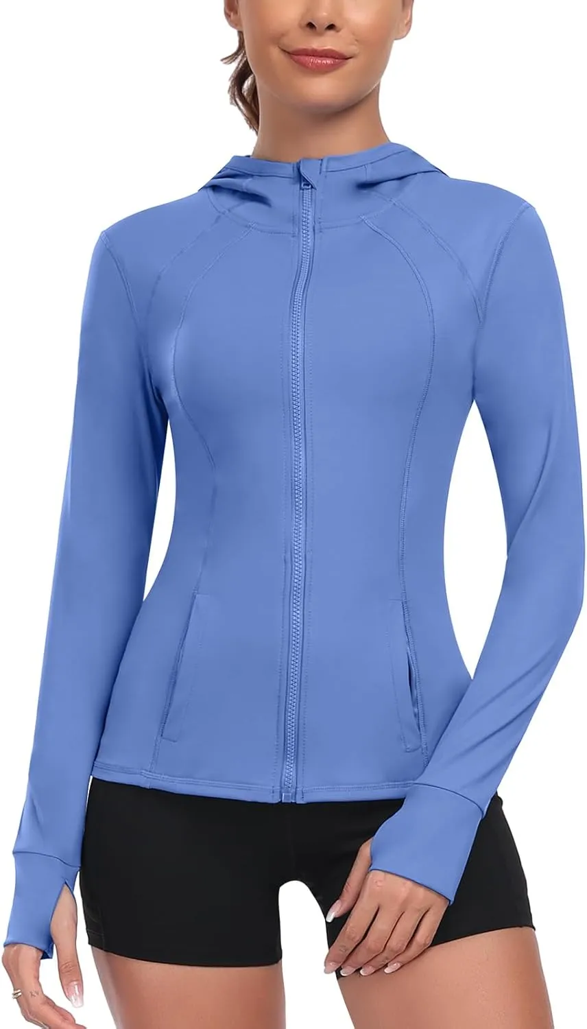Women's Hooded Athletic Full Zip Workout Jacket With Pockets Running Slim Fit Yoga Sportwear With Thumb Holes